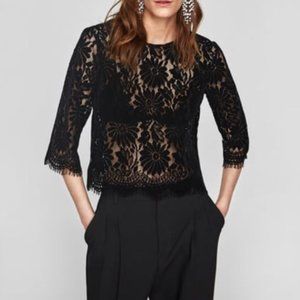Zara Basic Collection | Black Flocked Lace Top | XS